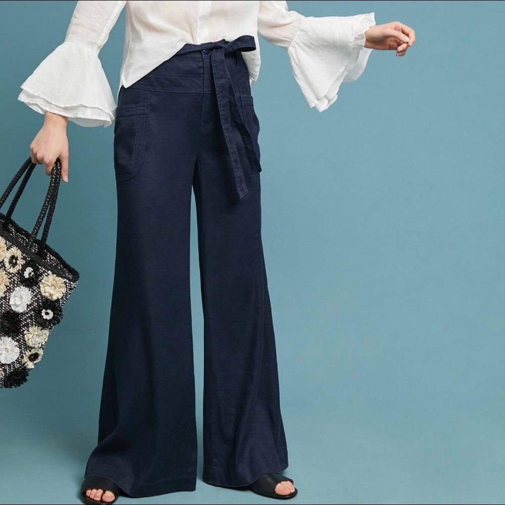 Anthropologie Tie-Waist Linen Wide Leg Pants